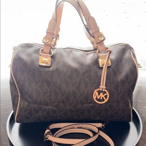 Michael Kors Brown & Tan Logo Satchel with Gold Hardware
